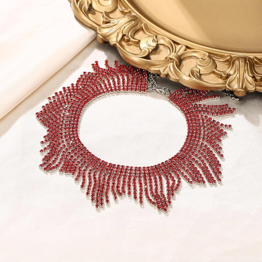 ๐ Women Red Sparkly Choker Necklace Rhinestone Crystal Tassel Chain Jewelry - Picture 6 of 8